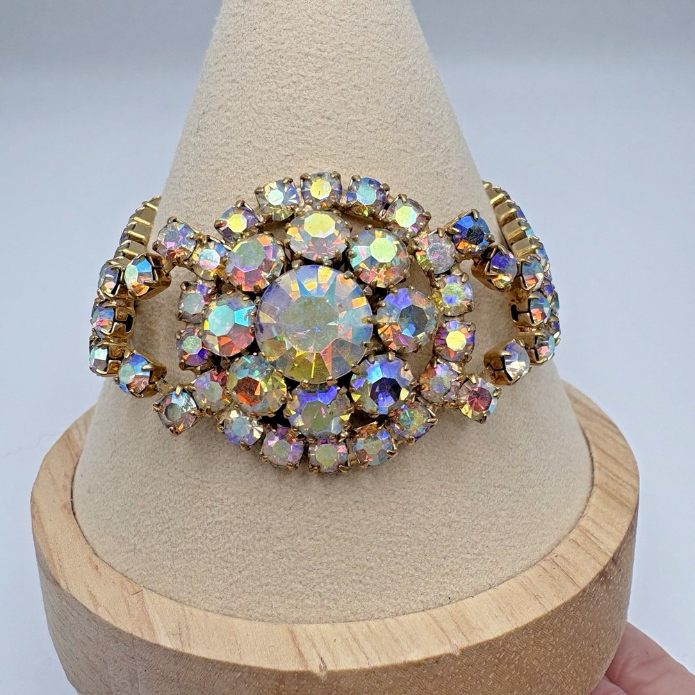 Vintage Pink AB Rhinestone Bracelet Chunky Gorgeous 7" Retro Prom Formal
